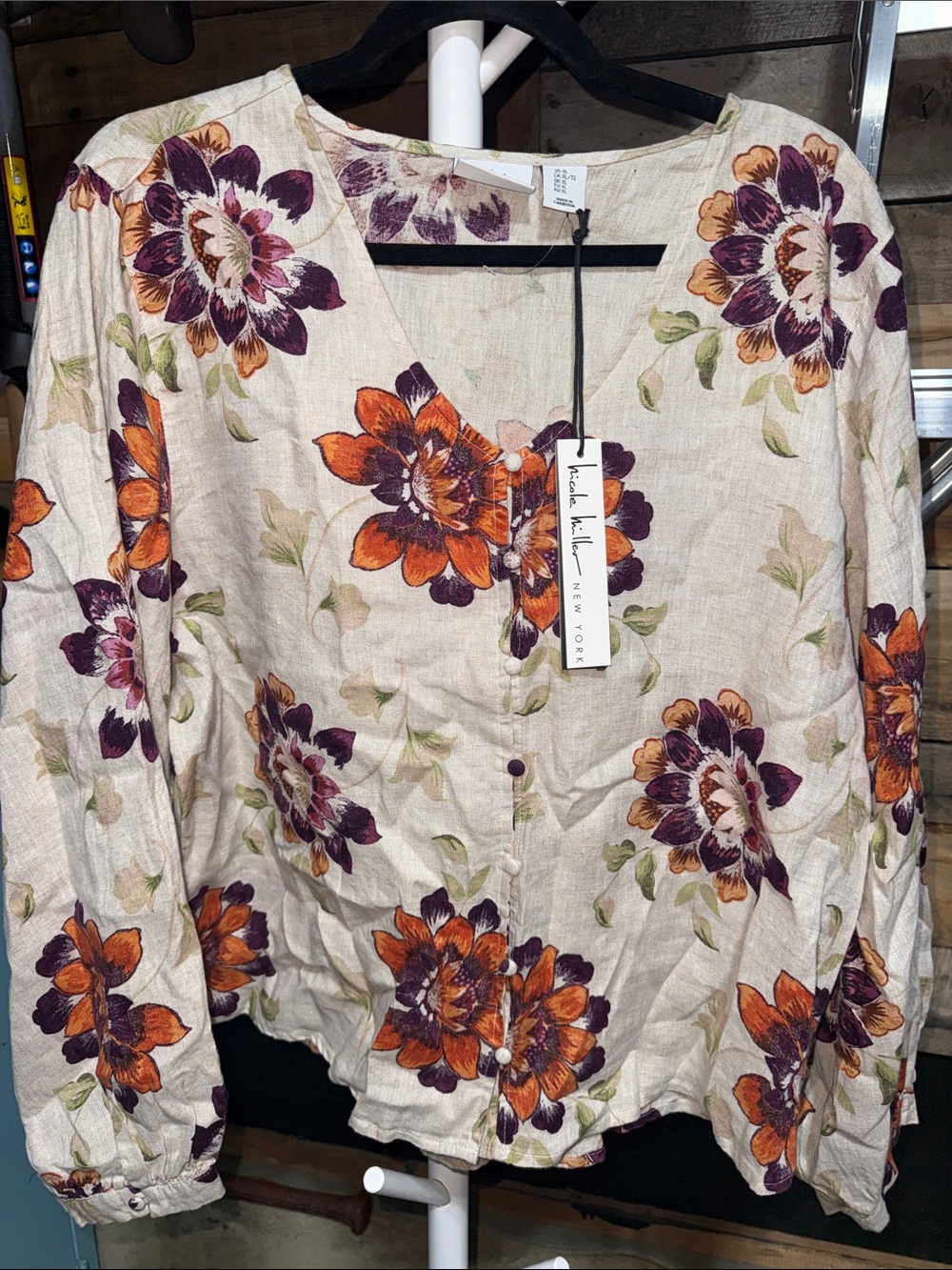Linea Pelle Floral Button-Front Blouse in Ivory with Orange & Purple XL
